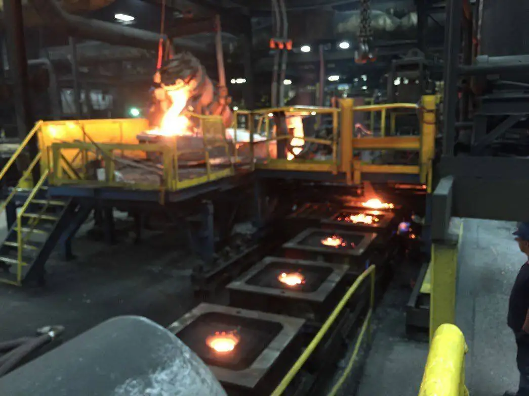 Automated pouring of molten iron into sand molds